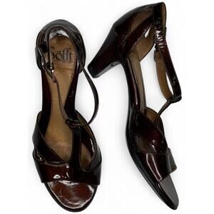 Sofft Brown Burgundy Patent Leather Ankle Strap Block Heel Sandals Women’s 8M